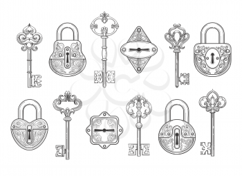 Vintage key, keyhole and lock set or victorian padlock elements vector illustration