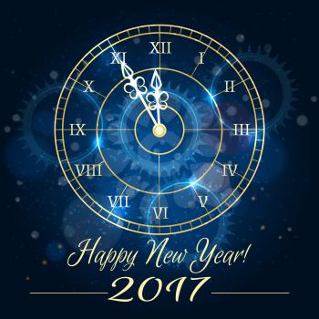 Happy 2017 new year vector background with blue clock