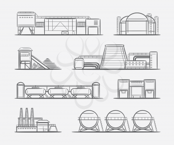 Factories and plants drawing set. Vector engraving industrial buildings