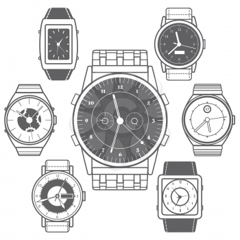 Watch black icons on white background. Vector hand watch set