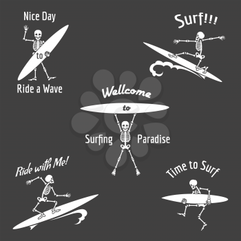 Skeleton surfer vector illustration. Vector skeleton with surfboard in Hawaii