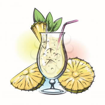 Pina colada tropical pineapple and coconut cocktail. Vector illustration in watercolor style