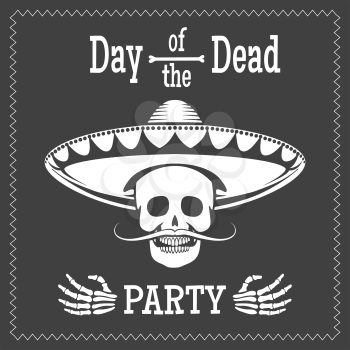 Day of the dead vector party poster with skull in mexican sombrero. Dia de los muertos illustration