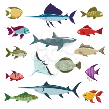 Colored fish vector icons set on white background