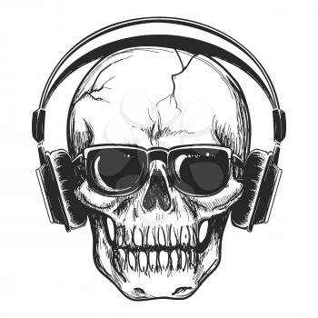 Human skull with headphones and sunglasses enjoying music vector illustration