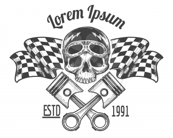 Vintage biker rider skull tattoo banner with racing checkered flags vector illustration
