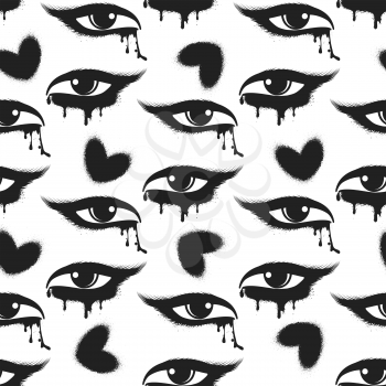 Seamless pattern with black grunge hearts and tearful eyes. Vector illustration