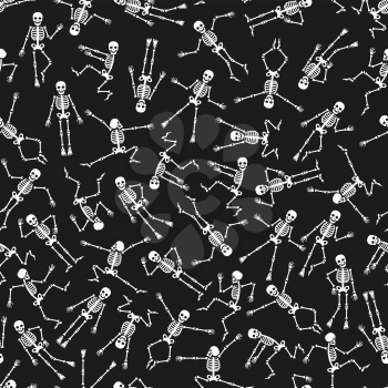 Seamless pattern with dancing skeletons on black background. Vector illustration