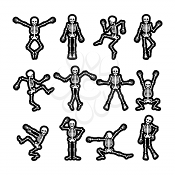 Crazy dancing skeletons stickers black and white vector set