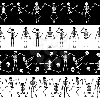 Dansing skeletons seamless borders set. Skeleton horizontal pattern vector illustration