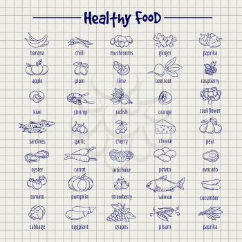 Healthy food set vector on notebook page. Sketch style food illustration