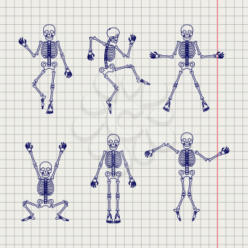 Outline style skeletons set vector on notebook page