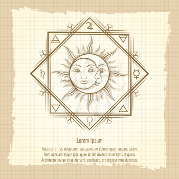 Alchemy elements and sun and moon on vintage style background. Vector illustration