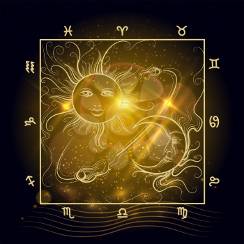 Astrology map sun moon and signs of Zodiak on shining background vector
