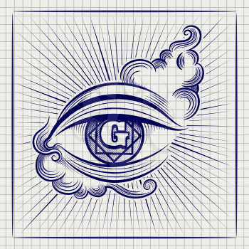 Ball pen sketch of Egypt God eye or spiritual eye on notebook page. Vector illustration