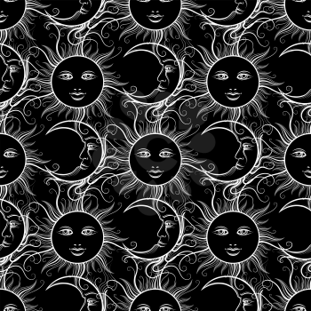 Black and white seamless pattern with moon sun and ornamental elements. Vector illustration