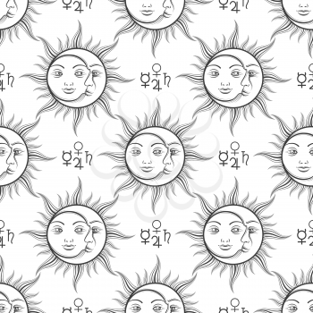 Mystical seamless pattern with alchemy elements and sun and moon. Vector illustration