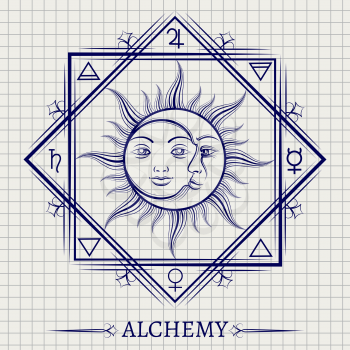 Sketch of sun moon and other alchemy elements on notebook page. Vector illustration