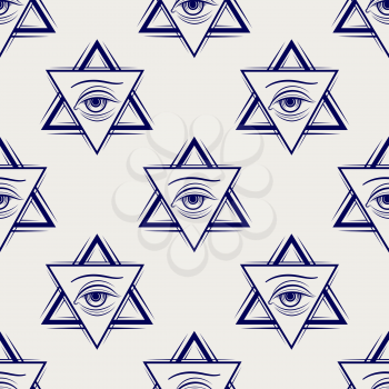 Double triangle and eye ball pen style freemasony seamless pattern. Vector illustration