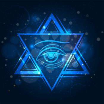 Double triangle and eyeicon. Freemasony vector sign on blue shining background