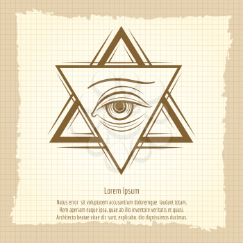 Double triangle and eye vintage style freemasony vector sign