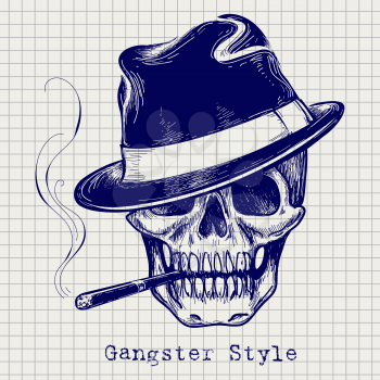 Sketch of gangster skull vector with hat and cigarette