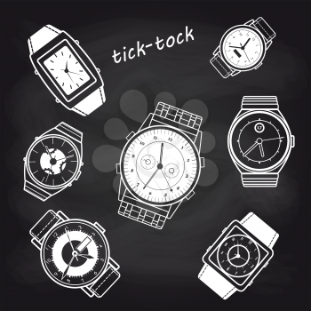 White watch icons on chalkboard background vector illustration