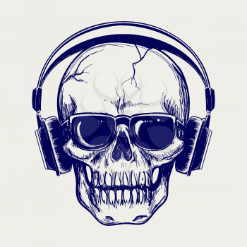 Drawing ball pen skull sketch with headphones vector