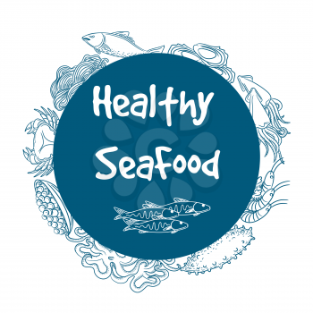 Hand drawn healthy seafood circle banner label vector