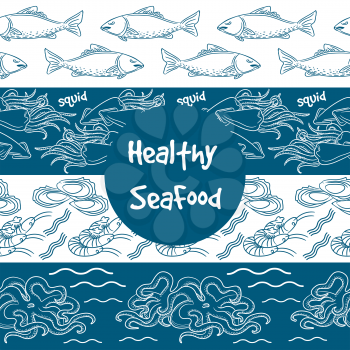 Hand drawn seafood seamless borders set vector