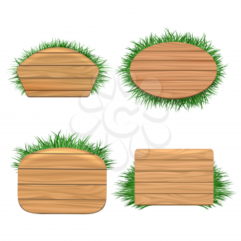 Clean wood banners with grass isolated on white background. Natural materials imitation, vector illustration