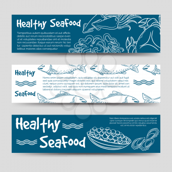 Horizontal banners template with healthy seafood design. Vector illustration
