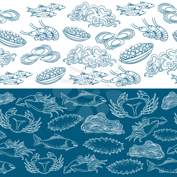 Marine life seamless borders. Lined seafood pattern vector illustration