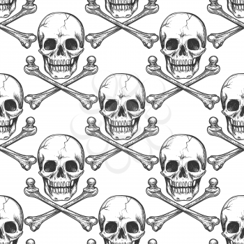 Black and white seamless pattern with sketched skull and cross of bones. Vector illustration