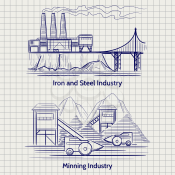 Sketched factory industrial landscape. Metallurgical and mining production vector