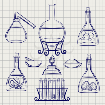 Sketch of science lab equipment vector on notebook backdrop. Vector illustration