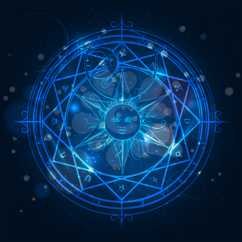 Alchemy magic circle on shining blue background. Vector illustration