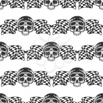 Seamless pattern with biker rider skull and racing flags. Vector illustration
