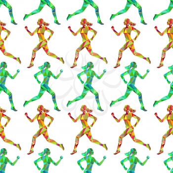 Sport seamless pattern with colorful polygomal running women. Vector illustration