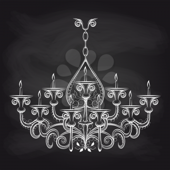 Antique gothic chandeliar sketch on chalkboard vector illustration