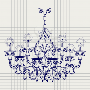 Antique gothic chandeliar sketch on notebook background vector illustration