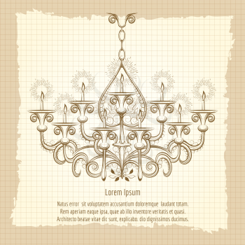 Antique gothic chandeliar sketch on vintage background. Retro poster vector illustration