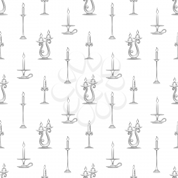 Monochromic seamless pattern with hand drawn candles isolated on white background. Vector illustration