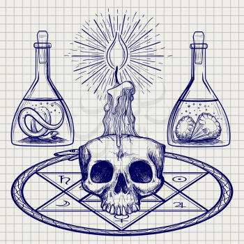 Ball pen sketch with skull candle and occult elements. Vector illustration