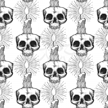 Occult seamless pattern. Skull and candle background vector