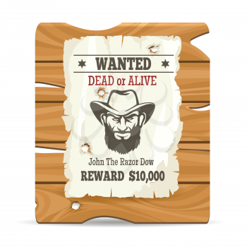 Cartoon wood sign board with paper wanted poster vector illustration