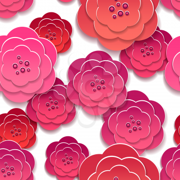 Paper pink rose flowers 3d pattern. Vector illustration
