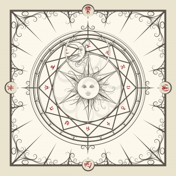 Alchemy magic circle. Mystic occult hermetic circle vector illustration