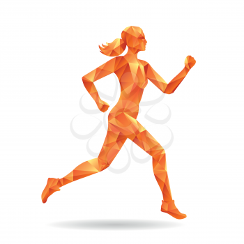 Running woman silhouette with triangular pattern. Woman jogging isolated on white background