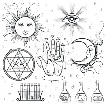 Esoteric signs. Vector symbols of philosophy and alchemy, masonic and occult sciences